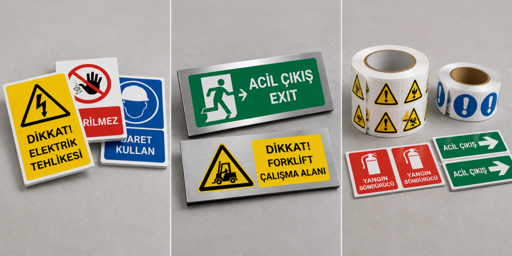 İş güvenliği levhalarında PVC dekota, alüminyum kompozit, folyo ve etiket malzeme seçenekleri