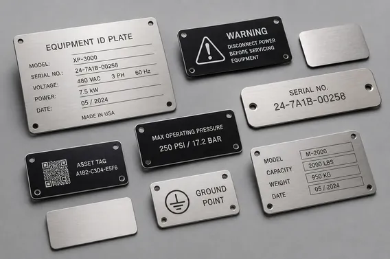 Makine bilgi plakaları, seri numarası etiketleri, uyarı levhaları ve QR kodlu endüstriyel metal etiket örnekleri