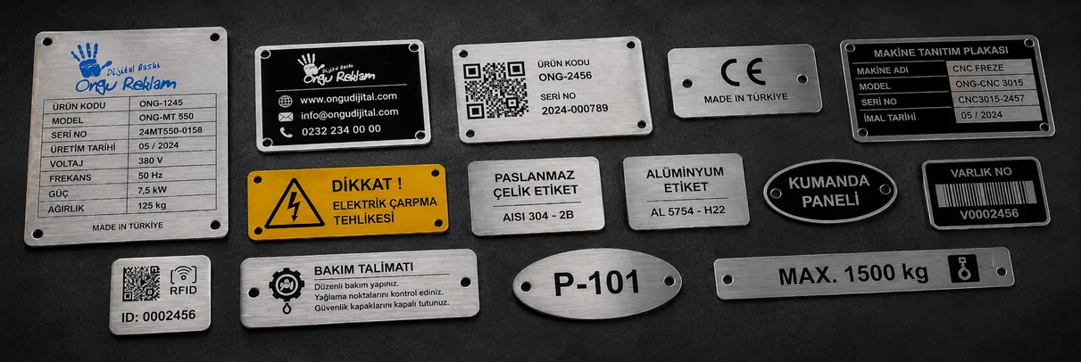 Alüminyum ve paslanmaz çelik metal etiketler, seri numarası plakaları, QR kodlu etiketler ve endüstriyel bilgi plakası örnekleri